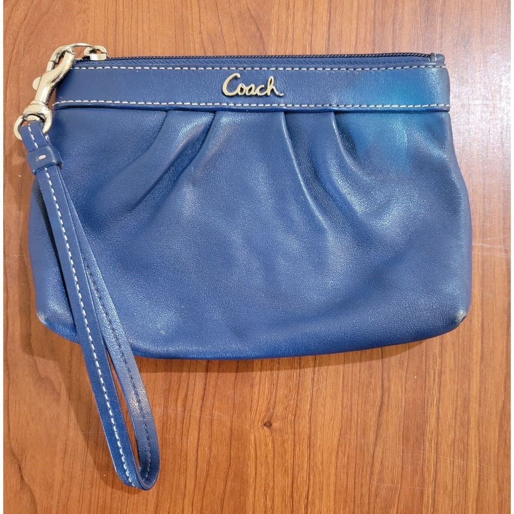 Coach Blue Leather Pleated Wristlet‎ Pouch Zip Top Bag Gold Logo AS IS